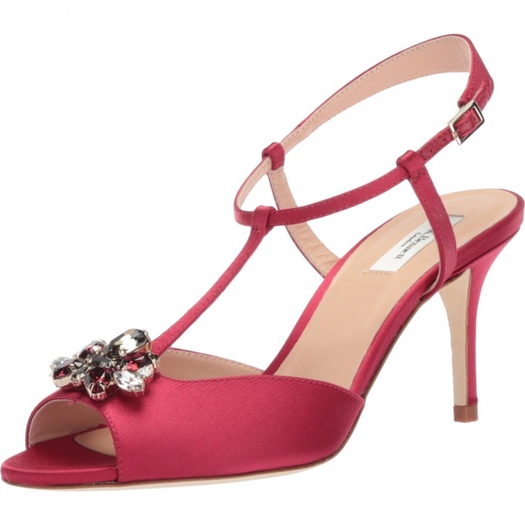 L.K.Bennett Yvette Red Embellished Stiletto Sandal Raspberry Satin Heel Pump - Picture 3 of 11